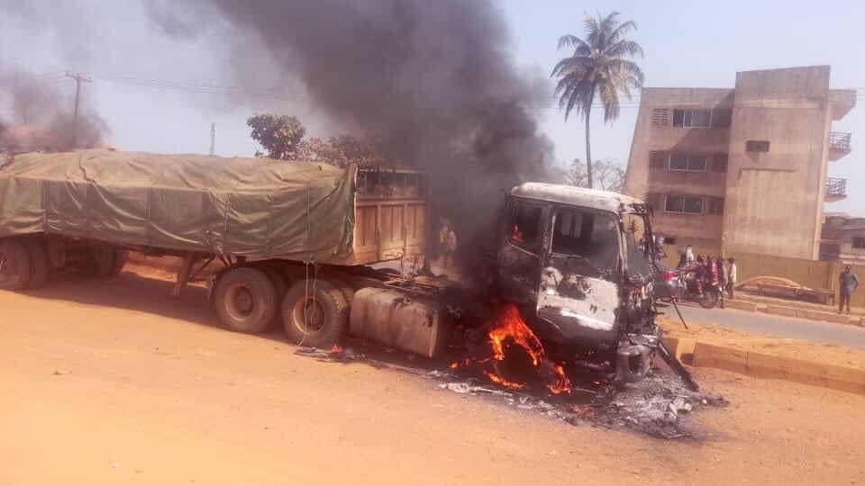 Dangote Truck Set Ablaze For Crushing Okada Rider, Passenger To Death In Ogun State.