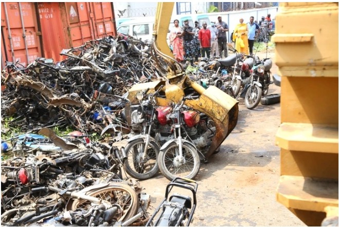 482 Impounded Okadas Crushed In Lagos