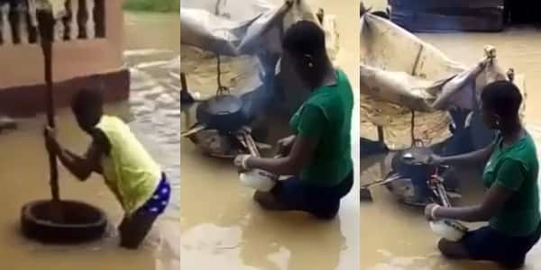 Nigerians react as Ladies Cook & Pound Food In Lagos Flood