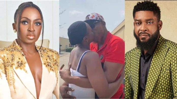 Actress Kate Henshaw reacts as actor Chidi Mokeme expresses love to her