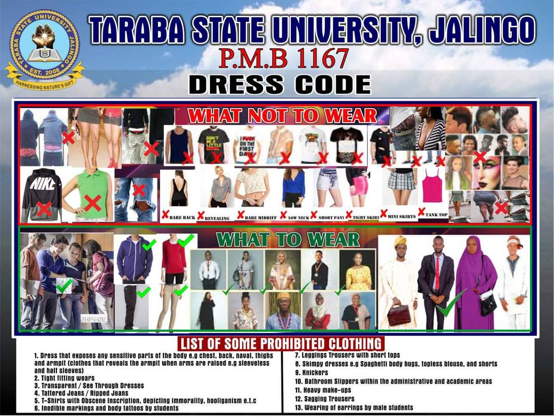 Taraba State University Bans Miniskirts, Baggy Jeans, Tattoos, Eye Lashes