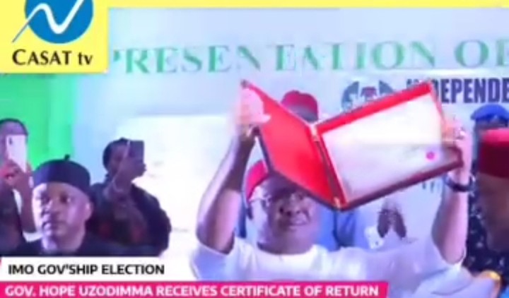 Moment INEC Presents Certificate Of Return To Uzodimma