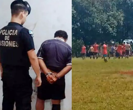 Moment Football referee pulls out knife and stabs player during a match