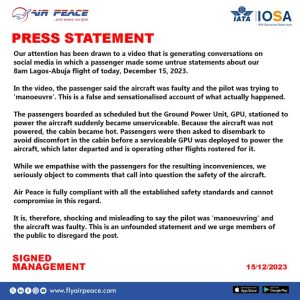 Our Aircraft Was Not Faulty, The GPU Was Unserviceable - Air Peace