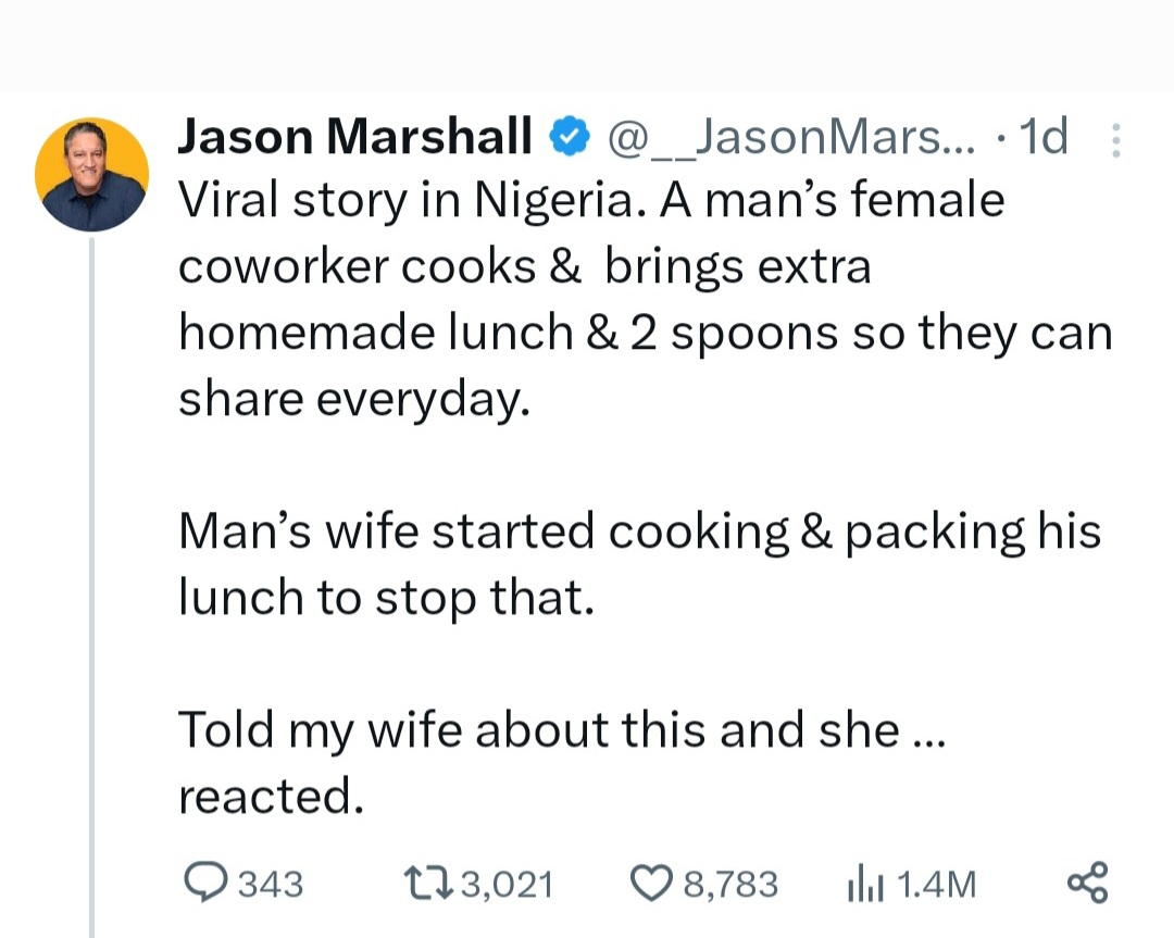 2 Spoons: US man told wife the trending story, see her reactions