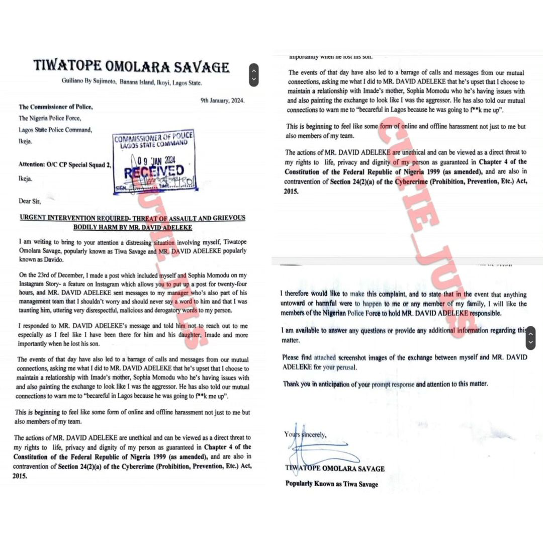 Tiwa Savage Files Petition Against Davido
