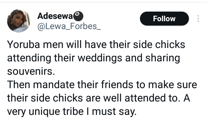 Yoruba men will invite there side chicks to share souvenirs in their weddings- Lady says