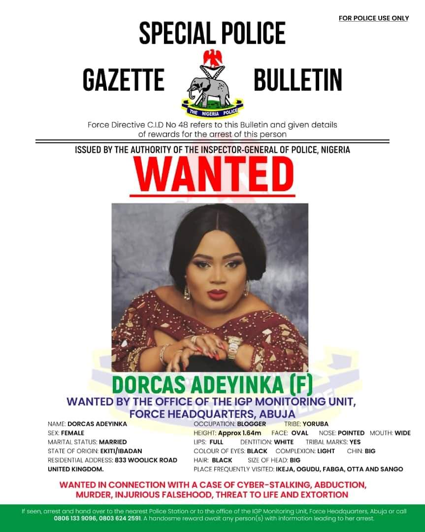 Police declares UK based Nigerian blogger, Dorcas Adeyinka wanted over cyber-stalking, murder