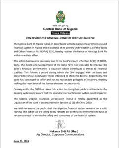 CBN Revokes Licence Of Heritage Bank