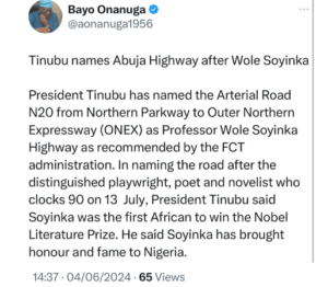 Tinubu names Abuja Highway after Wole Soyinka