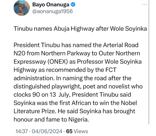 Tinubu names Abuja Highway after Wole Soyinka
