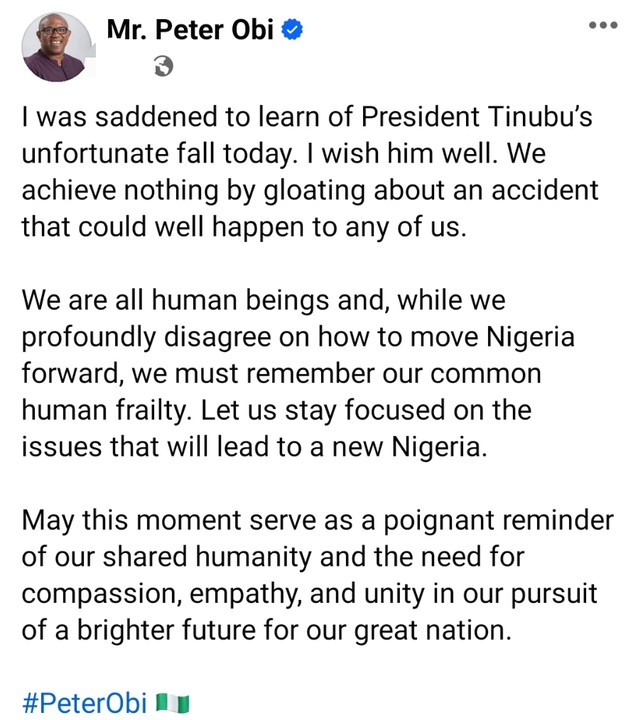 What Peter Obi Said After Tinubu Unfortunate fall today 