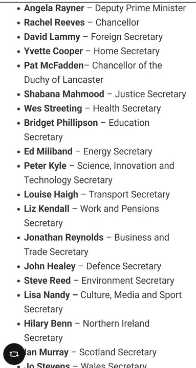 Full List Of New UK PM, Starmer Appointed Cabinet