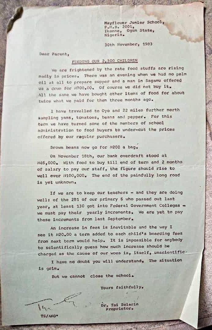 Letter From Tai Solarin About Hardship In 1983