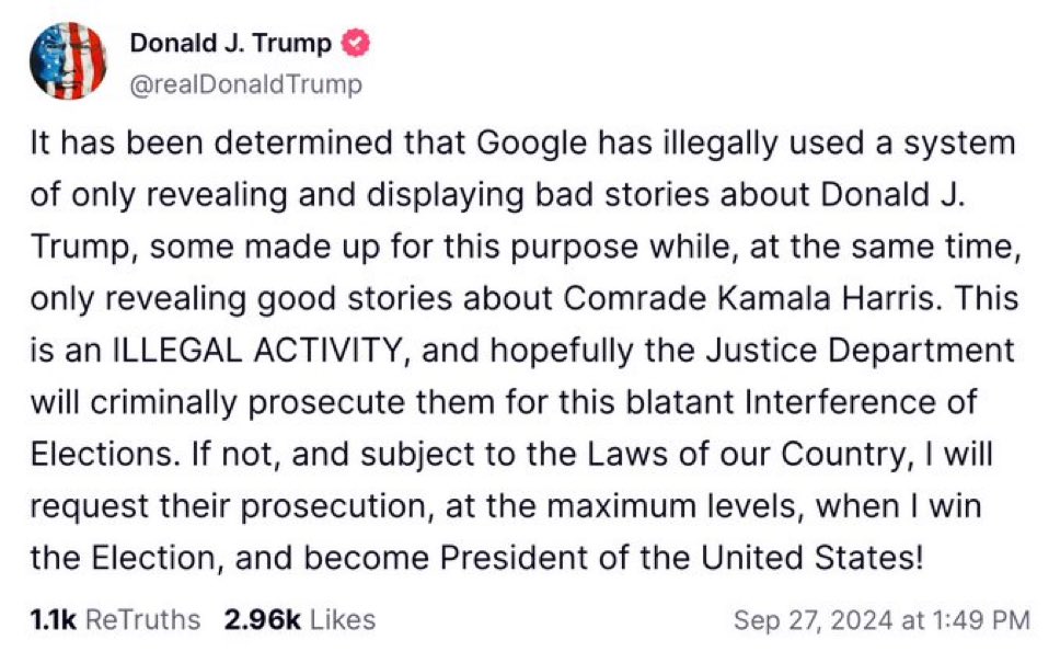 Trump To Prosecute Google For Showing 'Bad' Stories About Him