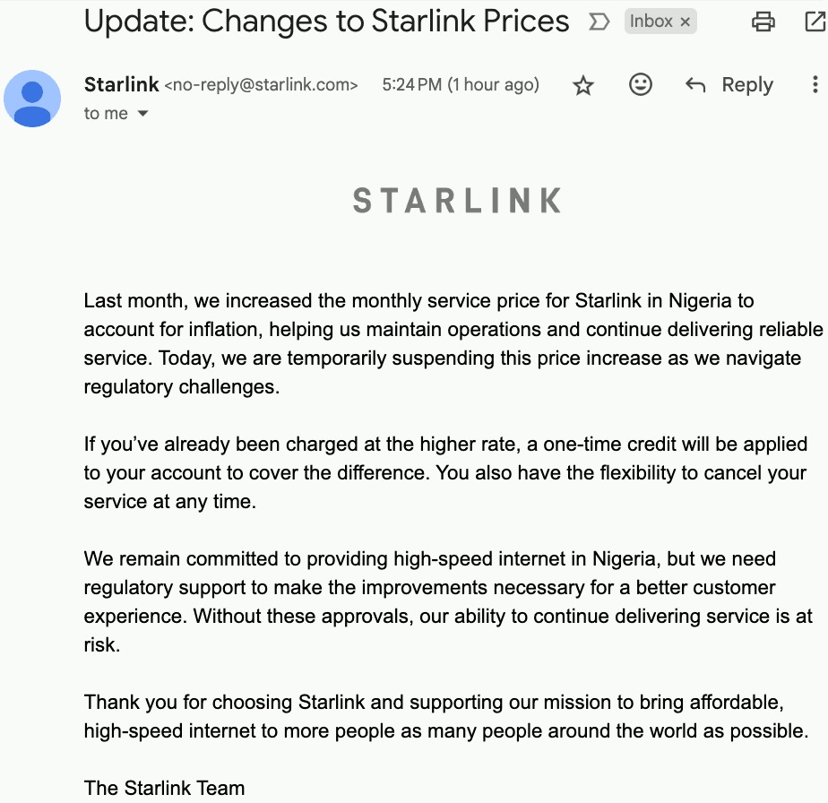 Starlink Temporarily Suspends Price Increase