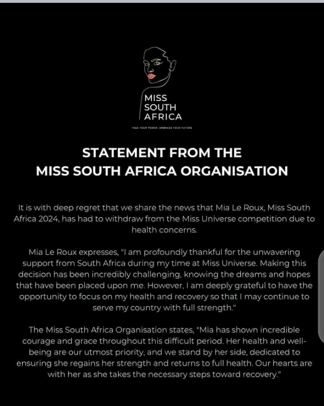 Miss South Africa, Mia le Roux withdraws from Miss Universe pageant over health